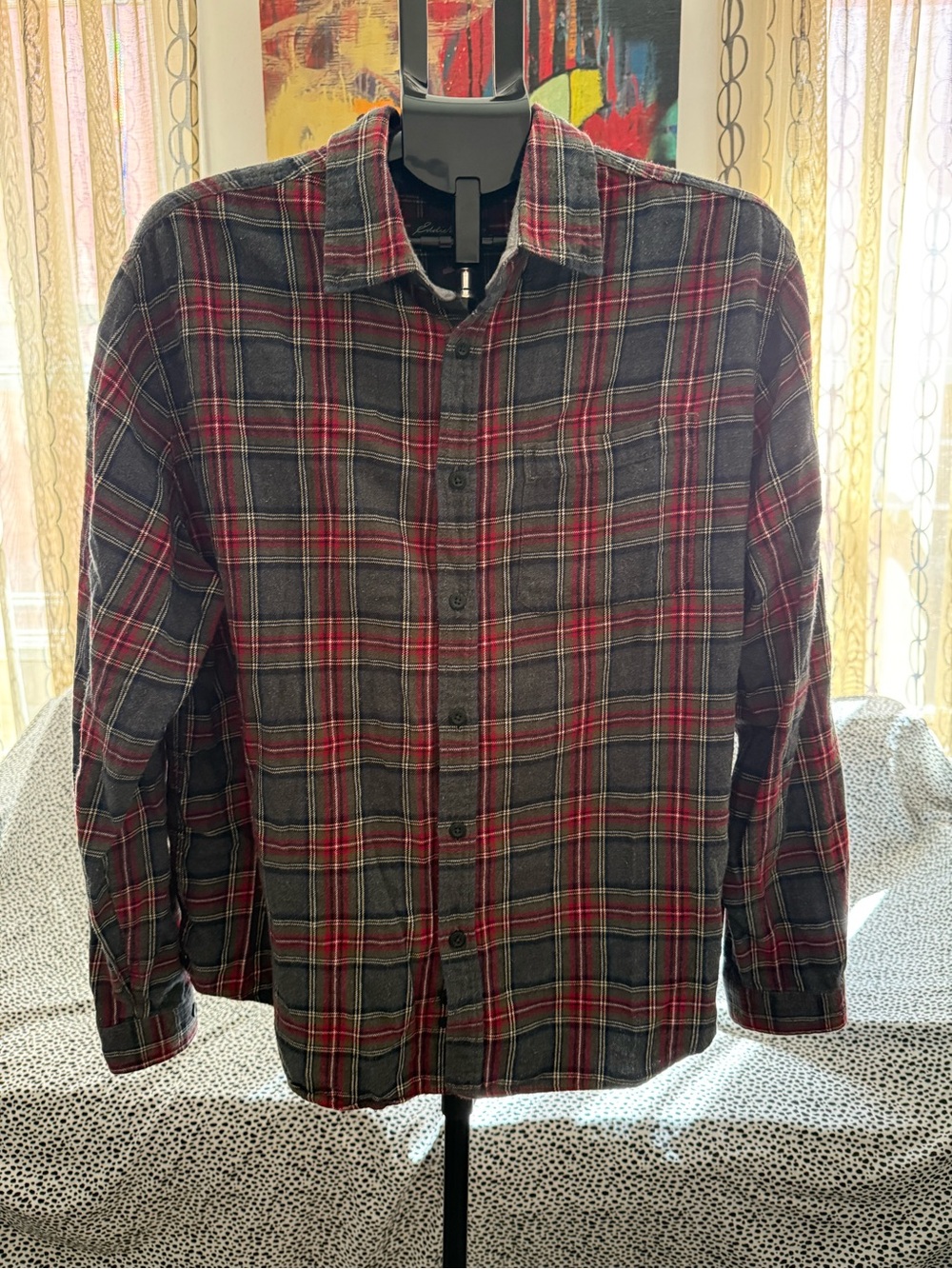 Eddie Bauer Men's Red & Gray Plaid Flannel Shirt